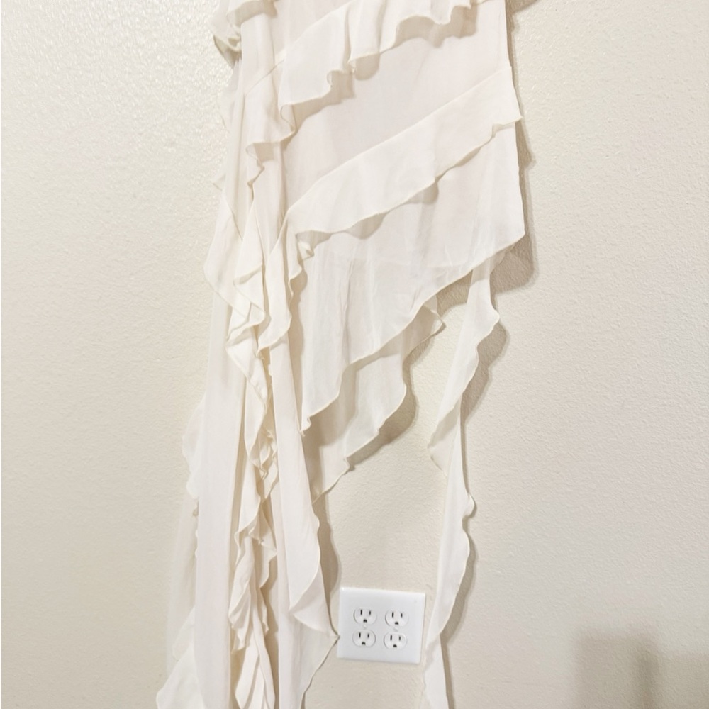 Bubish Willow Asymmetrical High Slit Side Drape Ruffle Rosette Dress in White - Picture 7 of 10